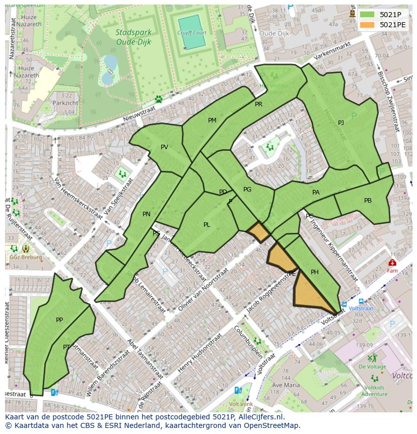 Afbeelding van het postcodegebied 5021 PE op de kaart.