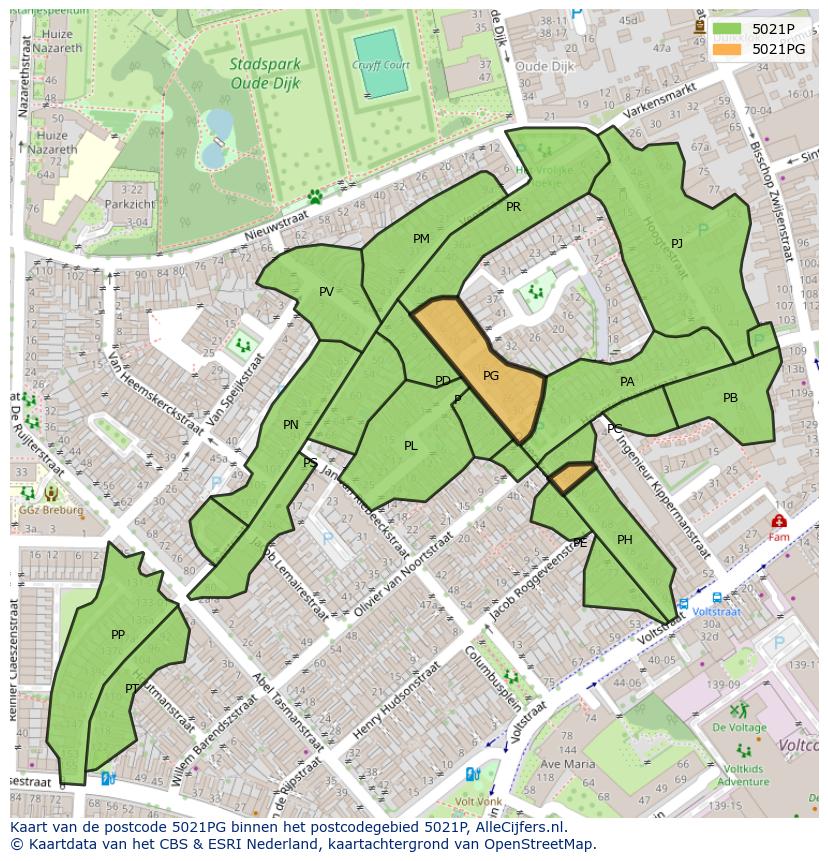 Afbeelding van het postcodegebied 5021 PG op de kaart.