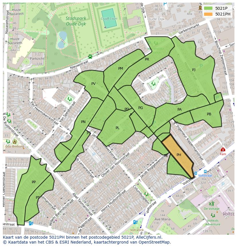 Afbeelding van het postcodegebied 5021 PH op de kaart.