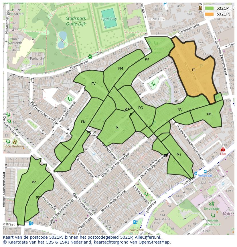 Afbeelding van het postcodegebied 5021 PJ op de kaart.