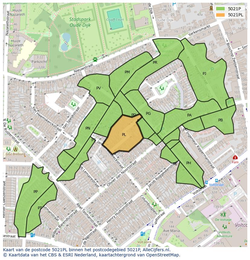 Afbeelding van het postcodegebied 5021 PL op de kaart.