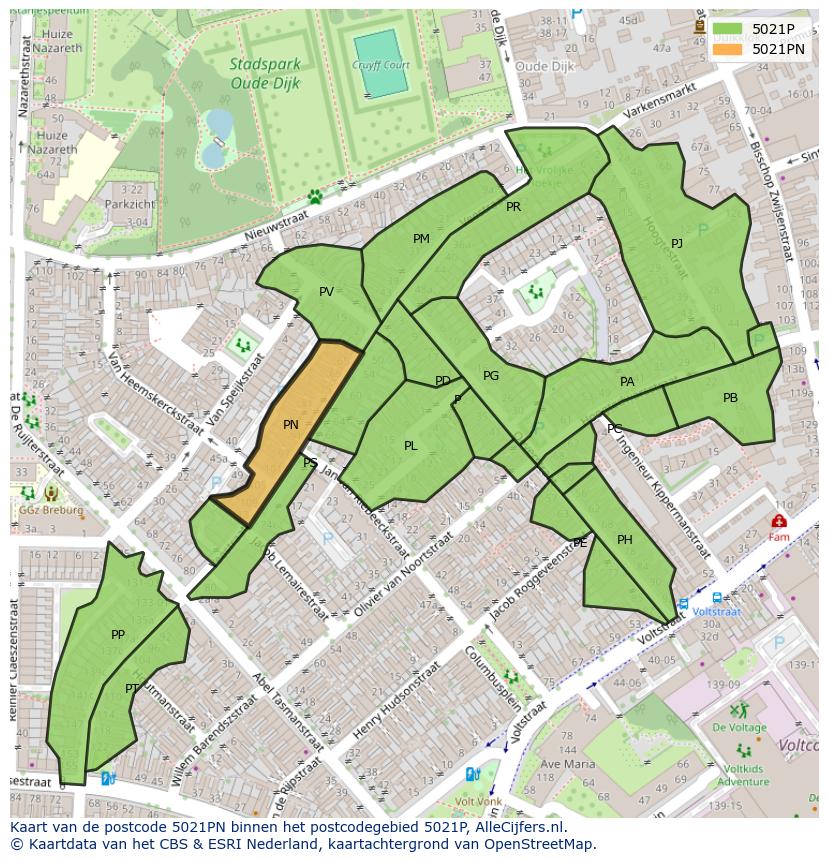 Afbeelding van het postcodegebied 5021 PN op de kaart.