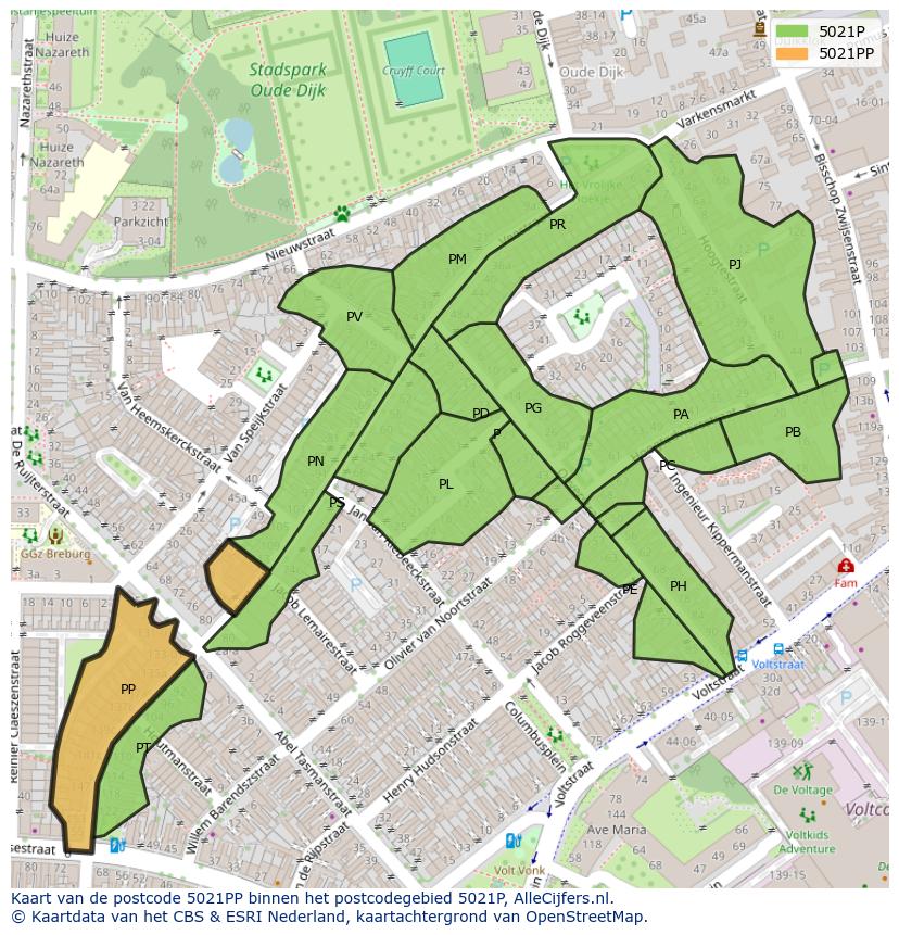 Afbeelding van het postcodegebied 5021 PP op de kaart.