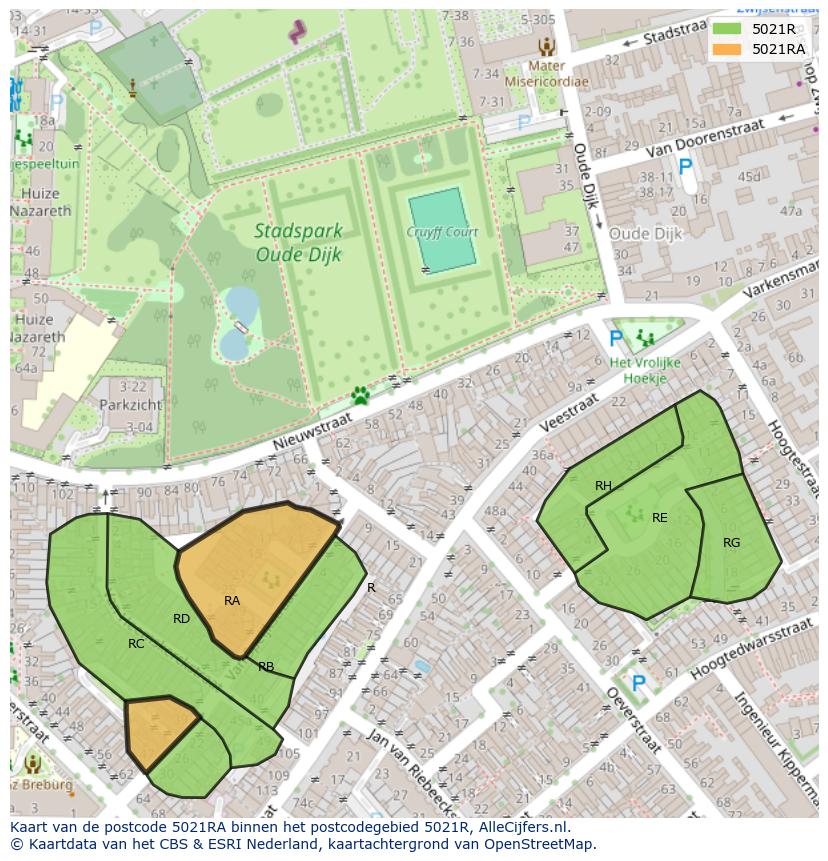 Afbeelding van het postcodegebied 5021 RA op de kaart.