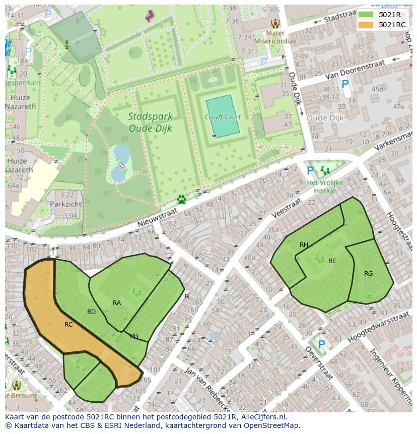 Afbeelding van het postcodegebied 5021 RC op de kaart.