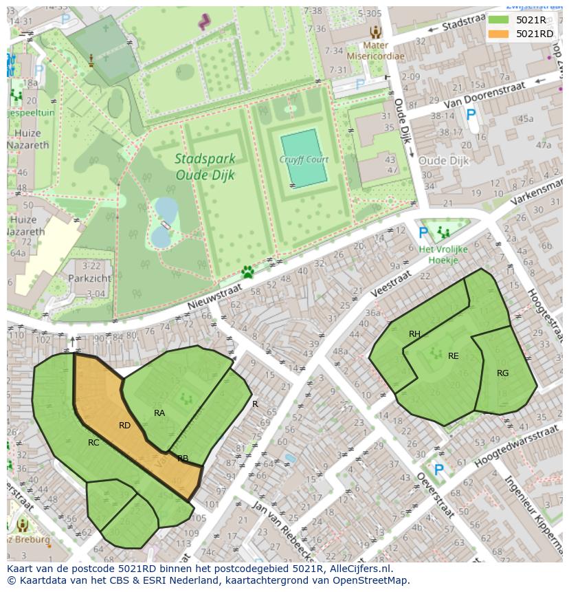 Afbeelding van het postcodegebied 5021 RD op de kaart.