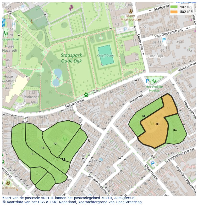 Afbeelding van het postcodegebied 5021 RE op de kaart.