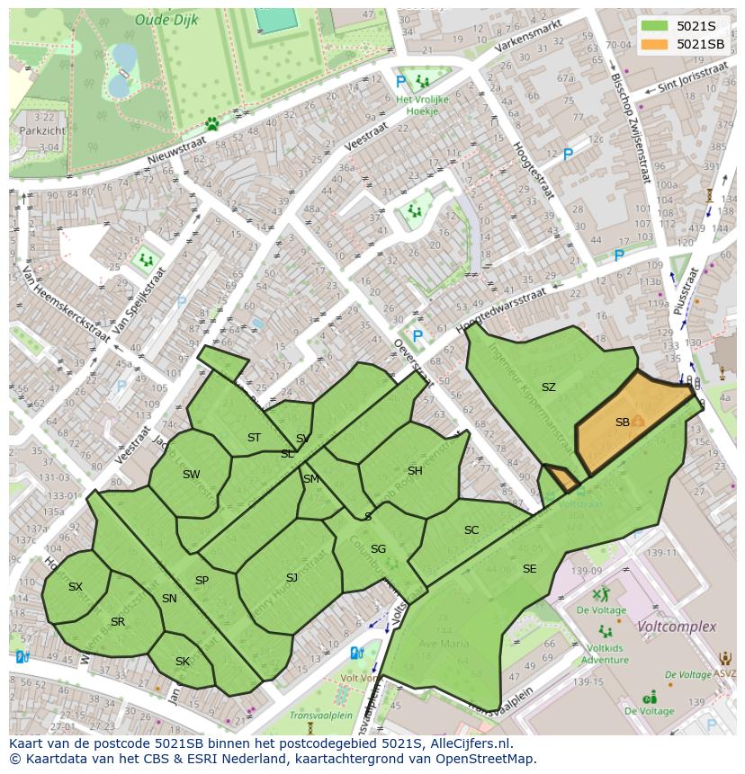 Afbeelding van het postcodegebied 5021 SB op de kaart.