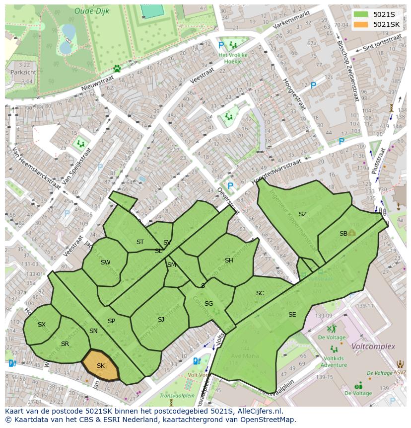 Afbeelding van het postcodegebied 5021 SK op de kaart.