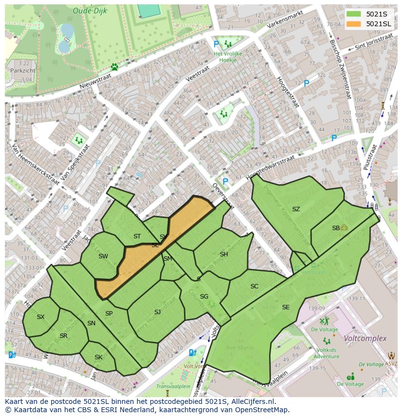 Afbeelding van het postcodegebied 5021 SL op de kaart.