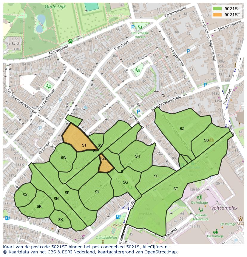 Afbeelding van het postcodegebied 5021 ST op de kaart.