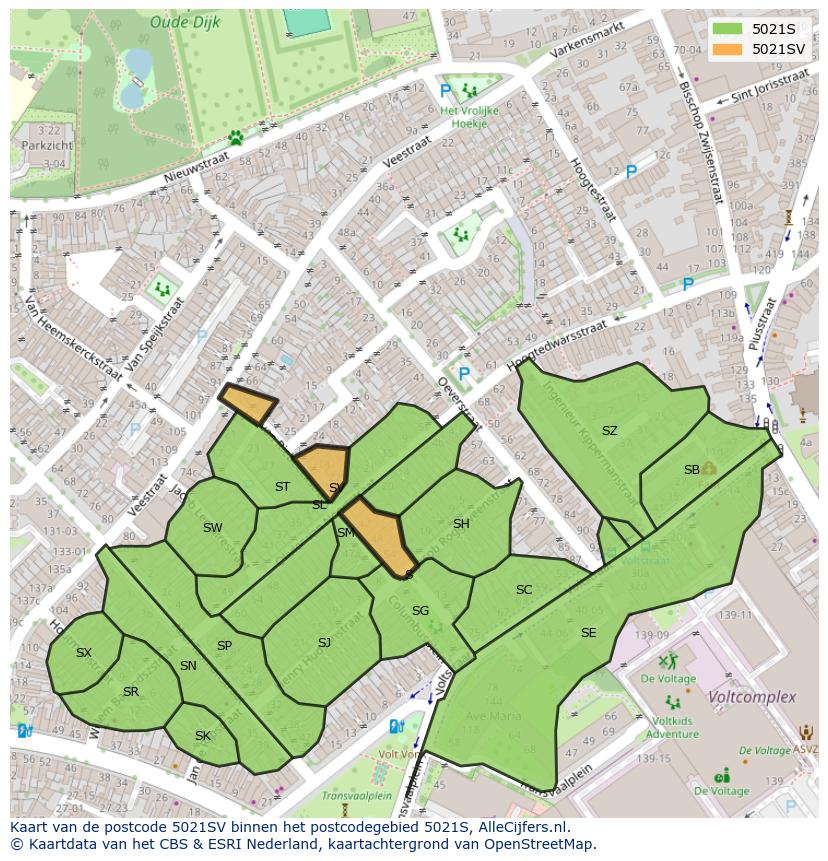 Afbeelding van het postcodegebied 5021 SV op de kaart.