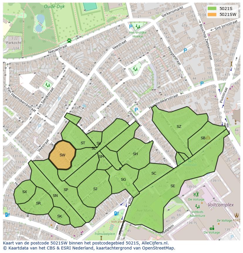Afbeelding van het postcodegebied 5021 SW op de kaart.