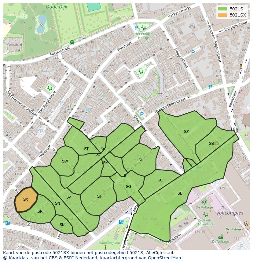 Afbeelding van het postcodegebied 5021 SX op de kaart.