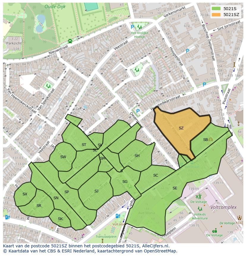 Afbeelding van het postcodegebied 5021 SZ op de kaart.
