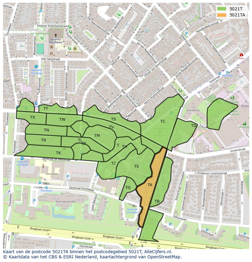 Afbeelding van het postcodegebied 5021 TA op de kaart.