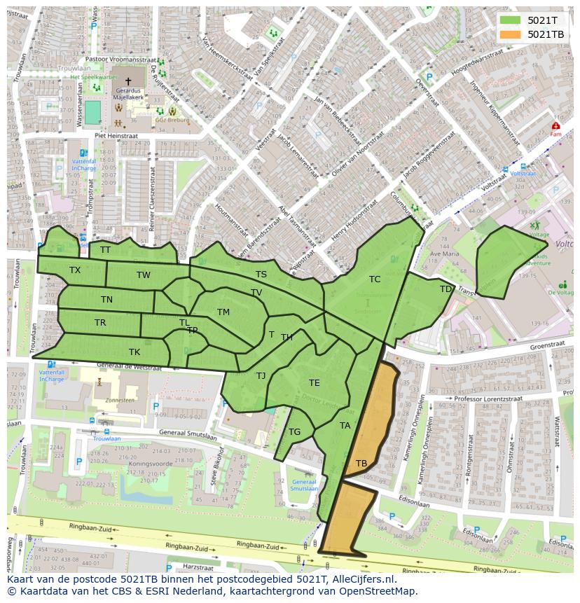 Afbeelding van het postcodegebied 5021 TB op de kaart.