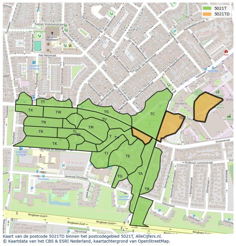 Afbeelding van het postcodegebied 5021 TD op de kaart.