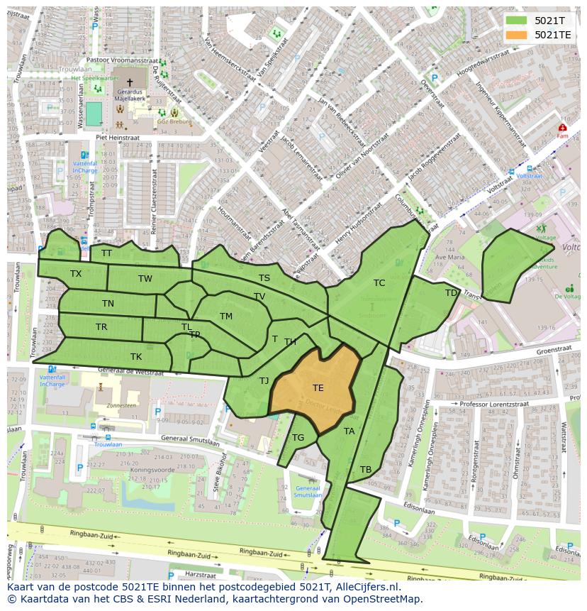Afbeelding van het postcodegebied 5021 TE op de kaart.