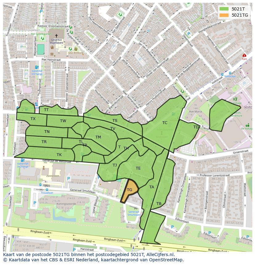 Afbeelding van het postcodegebied 5021 TG op de kaart.