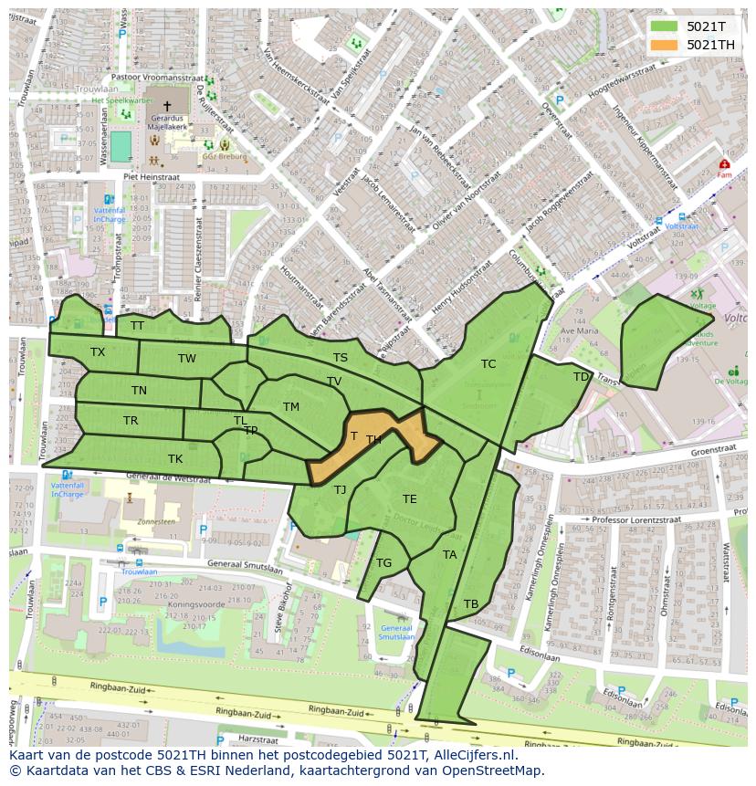 Afbeelding van het postcodegebied 5021 TH op de kaart.