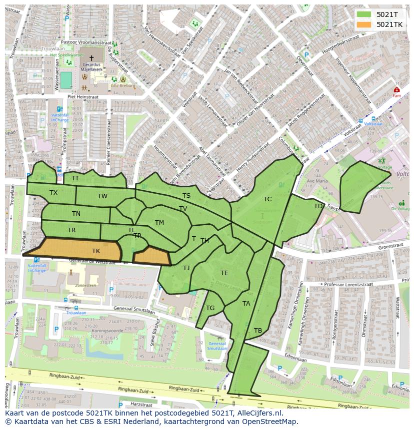 Afbeelding van het postcodegebied 5021 TK op de kaart.