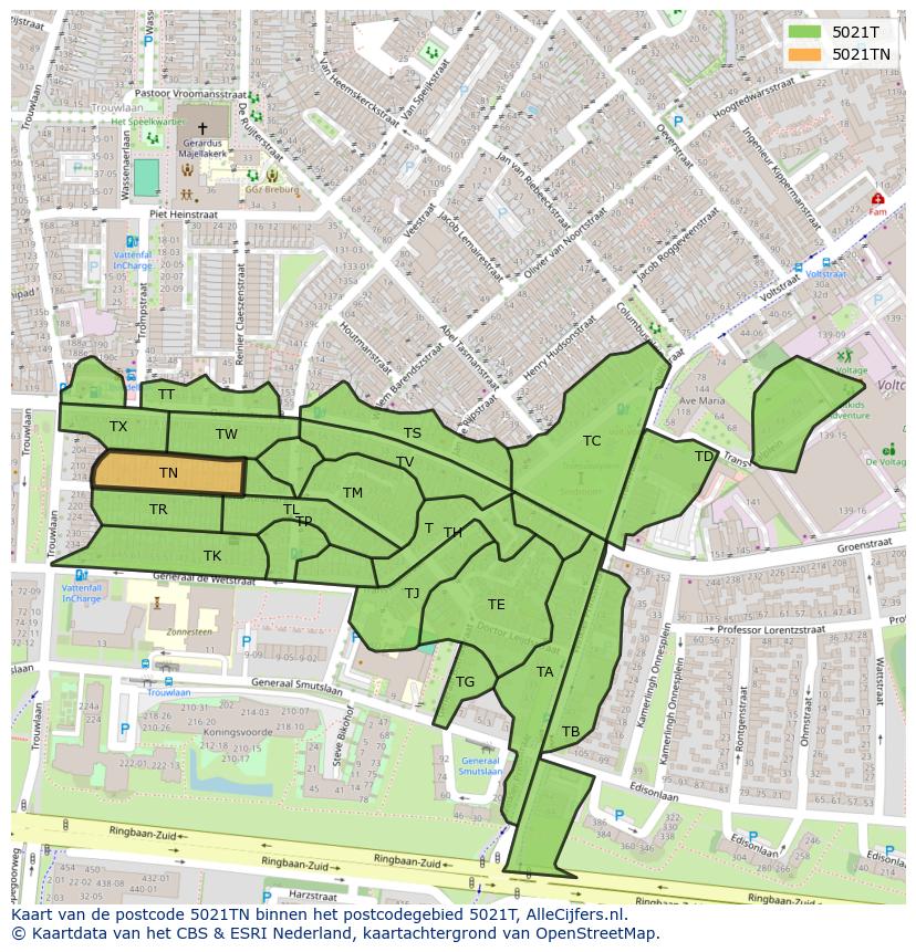 Afbeelding van het postcodegebied 5021 TN op de kaart.