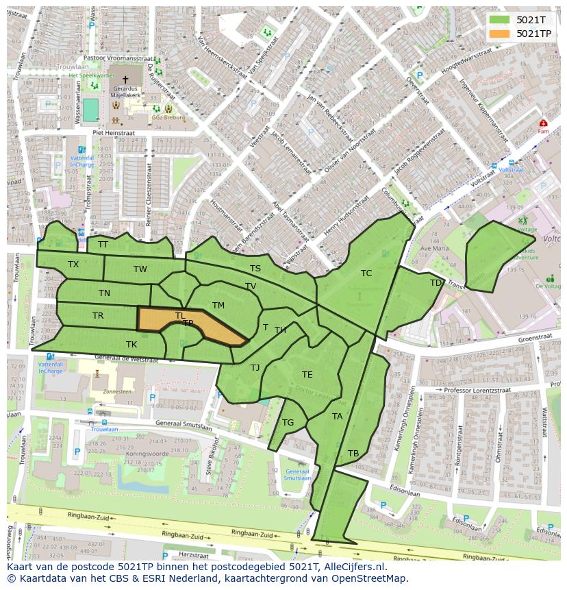 Afbeelding van het postcodegebied 5021 TP op de kaart.