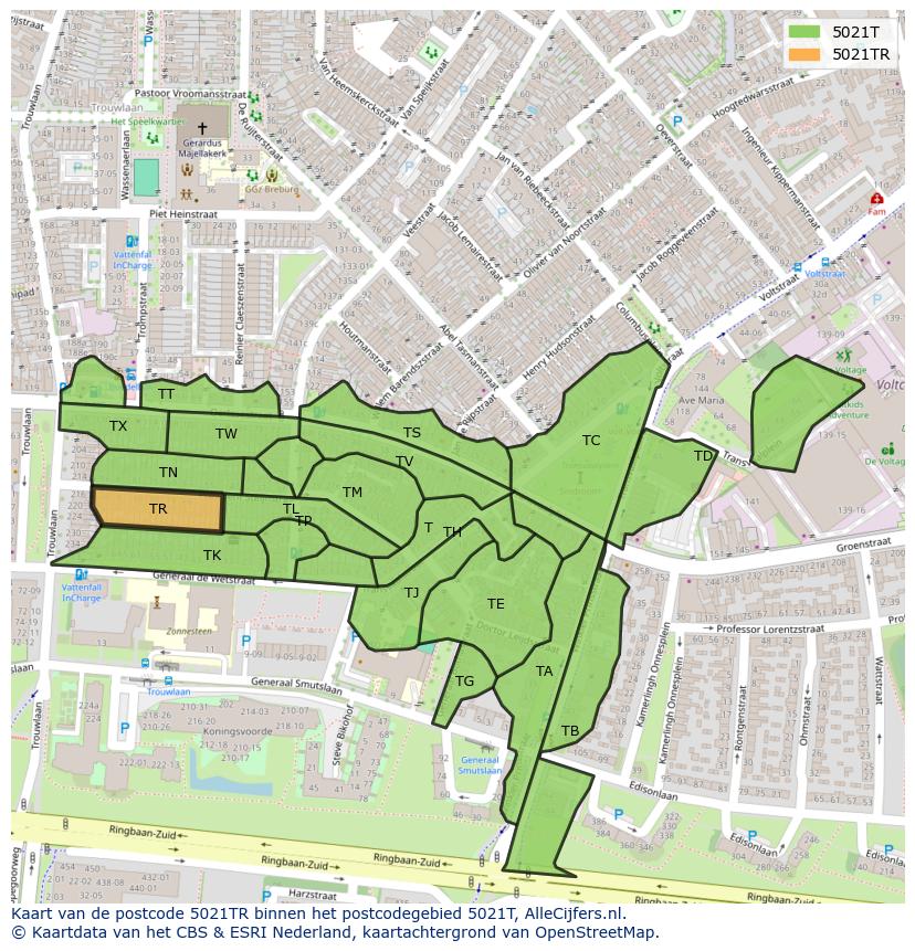 Afbeelding van het postcodegebied 5021 TR op de kaart.
