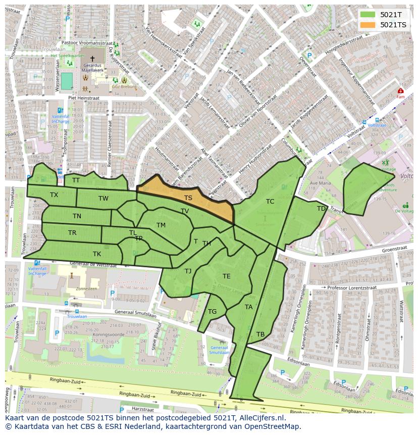 Afbeelding van het postcodegebied 5021 TS op de kaart.