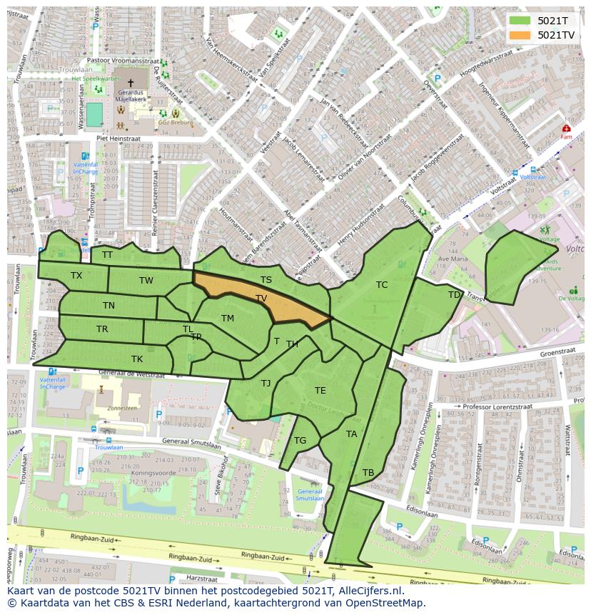 Afbeelding van het postcodegebied 5021 TV op de kaart.