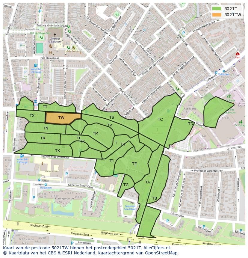 Afbeelding van het postcodegebied 5021 TW op de kaart.