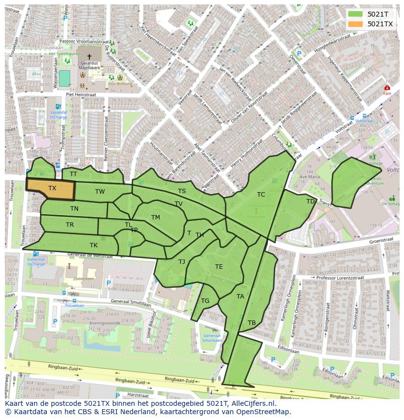 Afbeelding van het postcodegebied 5021 TX op de kaart.
