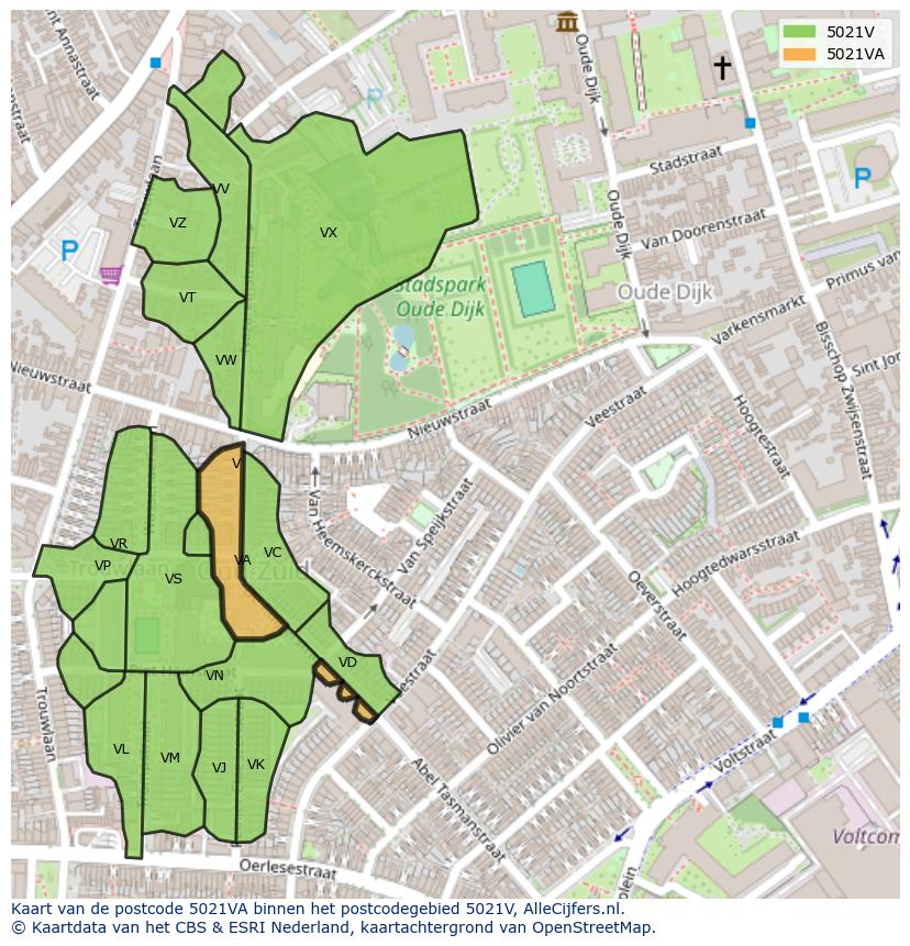 Afbeelding van het postcodegebied 5021 VA op de kaart.