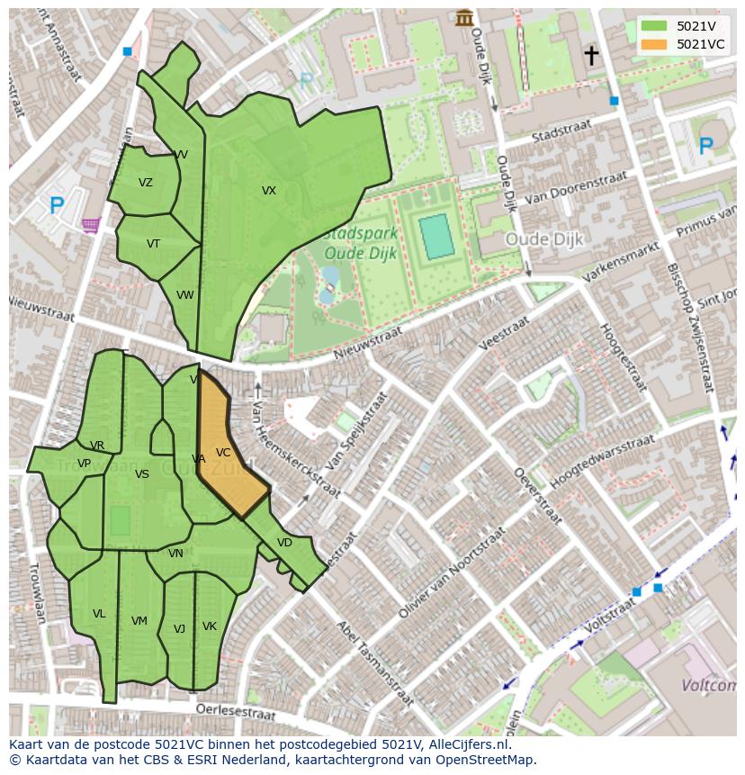 Afbeelding van het postcodegebied 5021 VC op de kaart.