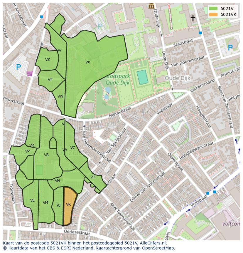 Afbeelding van het postcodegebied 5021 VK op de kaart.