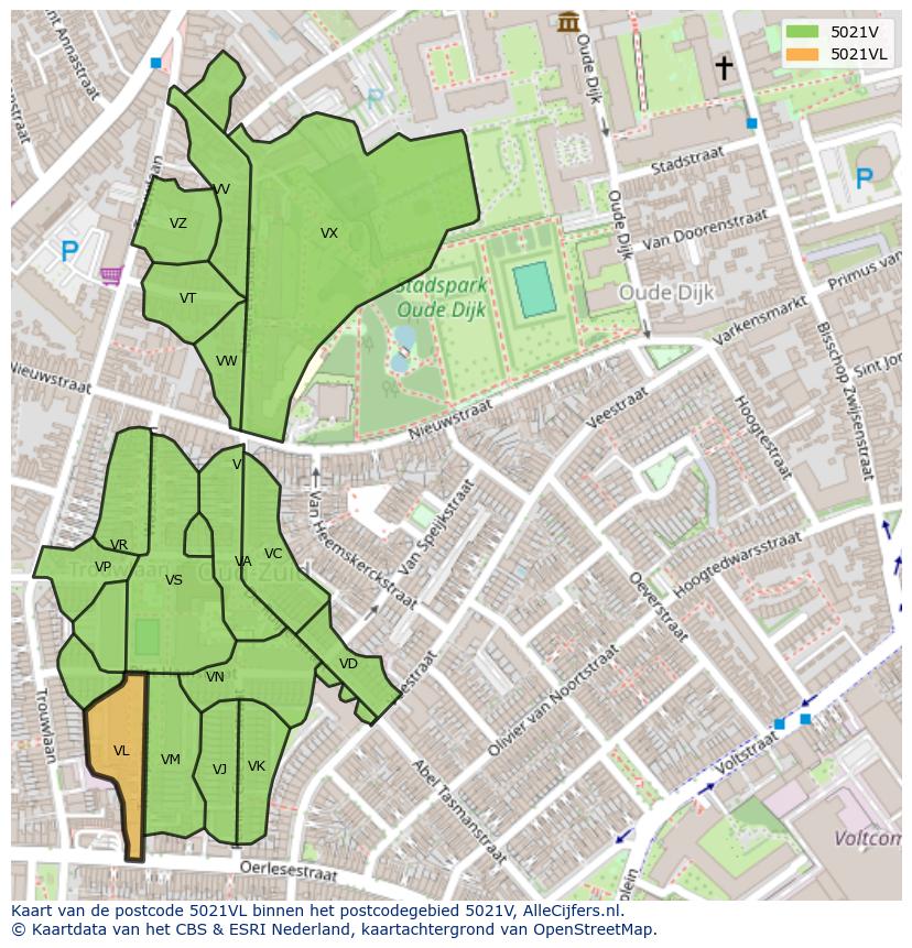 Afbeelding van het postcodegebied 5021 VL op de kaart.