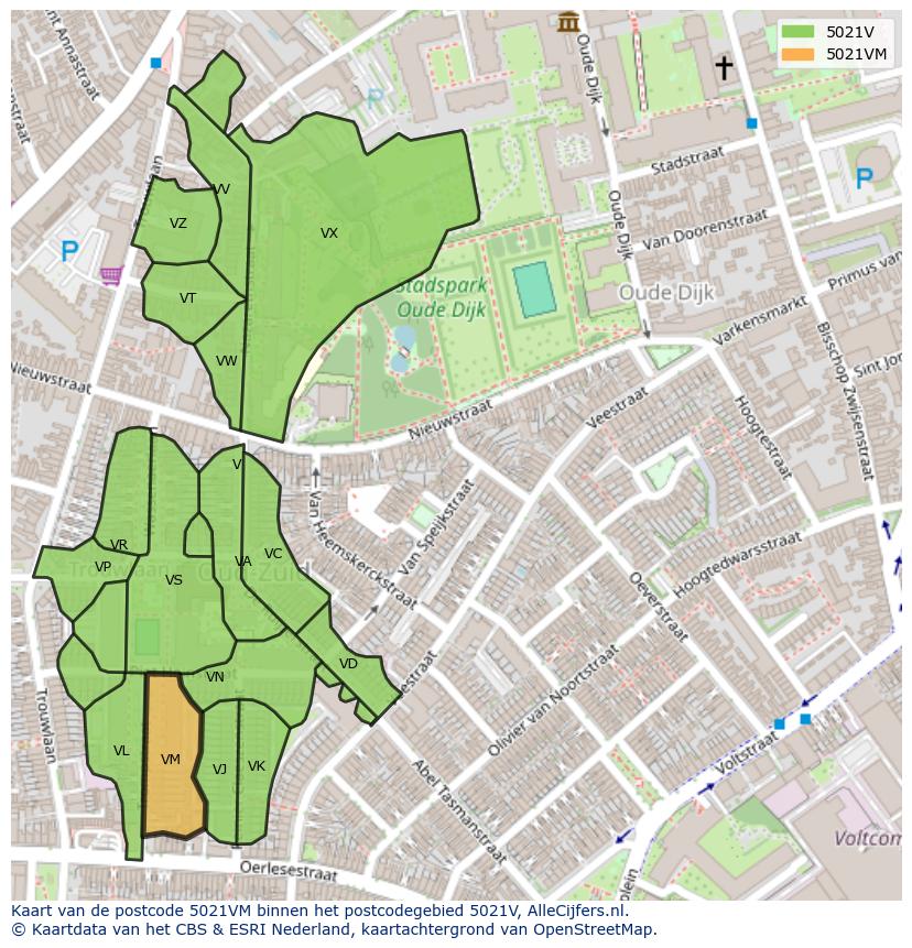 Afbeelding van het postcodegebied 5021 VM op de kaart.