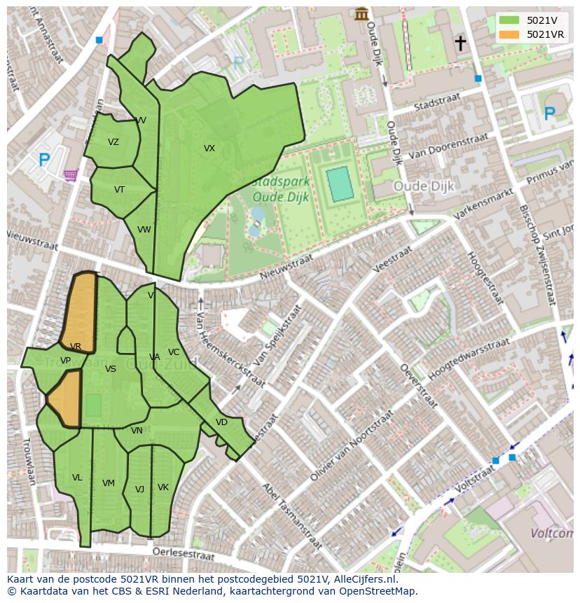 Afbeelding van het postcodegebied 5021 VR op de kaart.