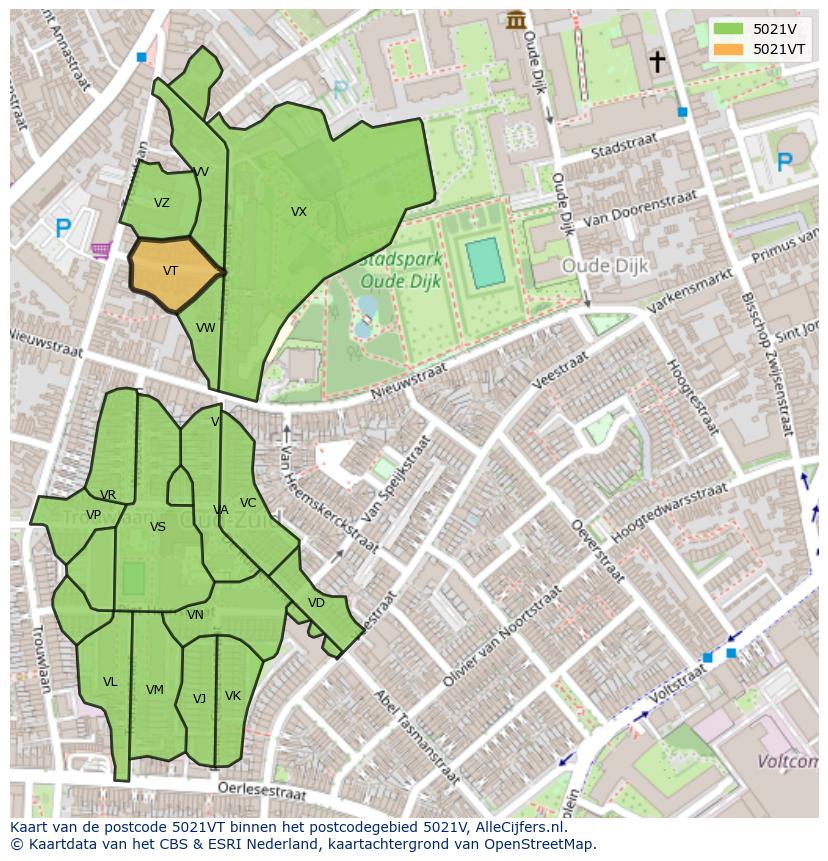 Afbeelding van het postcodegebied 5021 VT op de kaart.