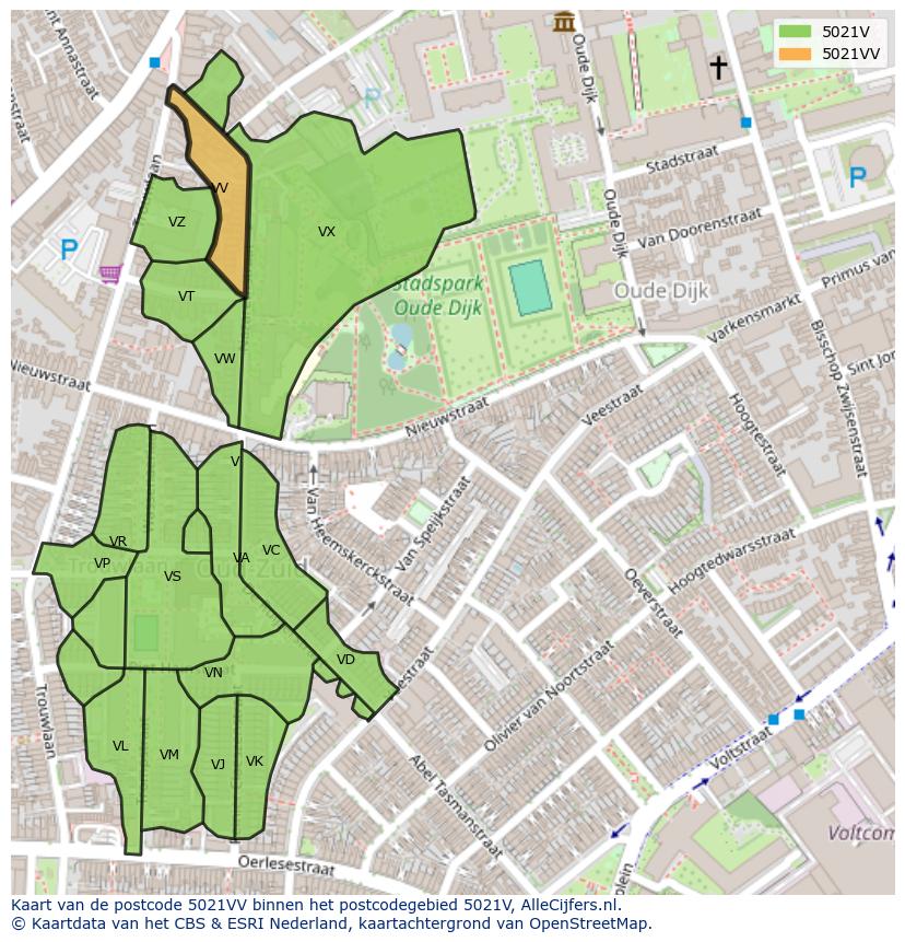 Afbeelding van het postcodegebied 5021 VV op de kaart.