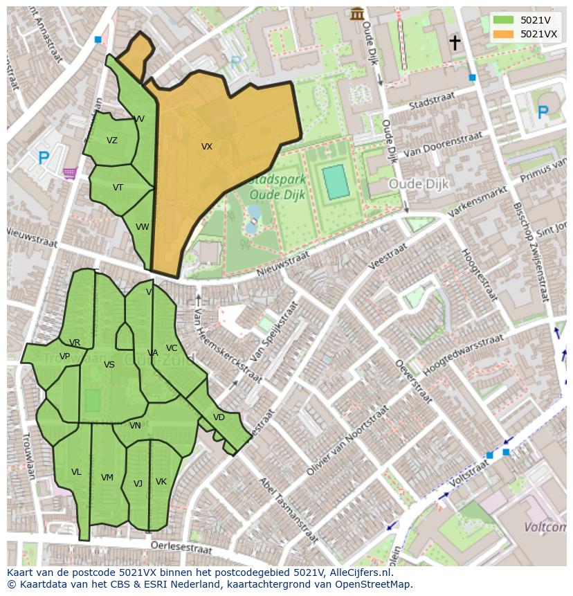 Afbeelding van het postcodegebied 5021 VX op de kaart.