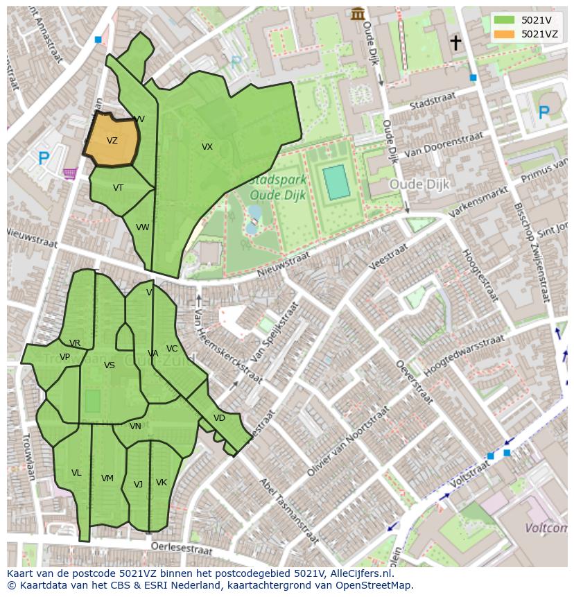 Afbeelding van het postcodegebied 5021 VZ op de kaart.