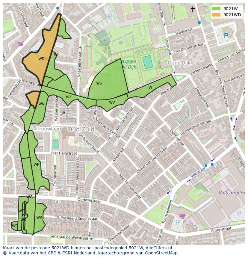 Afbeelding van het postcodegebied 5021 WD op de kaart.
