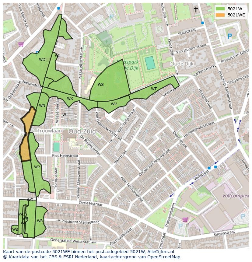 Afbeelding van het postcodegebied 5021 WE op de kaart.