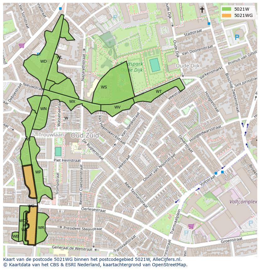 Afbeelding van het postcodegebied 5021 WG op de kaart.