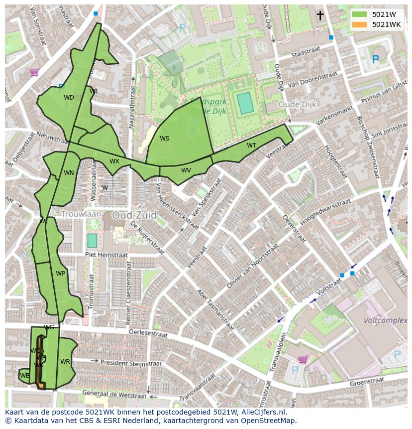 Afbeelding van het postcodegebied 5021 WK op de kaart.