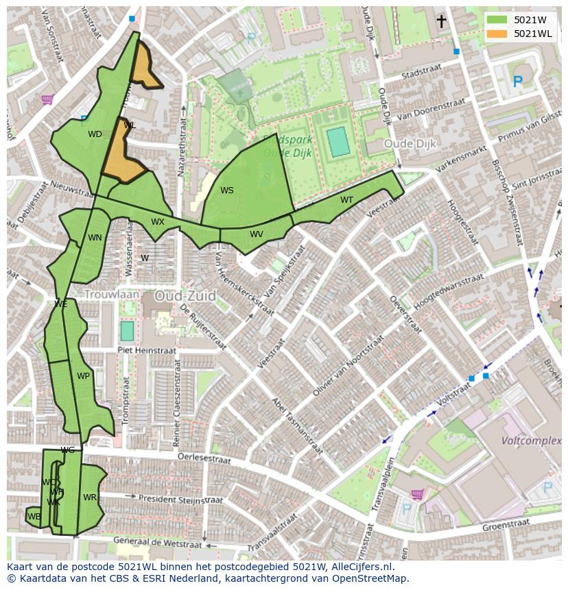 Afbeelding van het postcodegebied 5021 WL op de kaart.