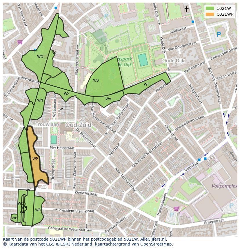 Afbeelding van het postcodegebied 5021 WP op de kaart.