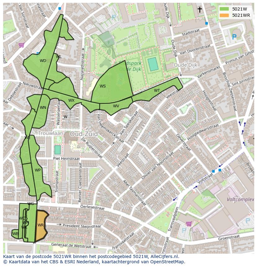 Afbeelding van het postcodegebied 5021 WR op de kaart.